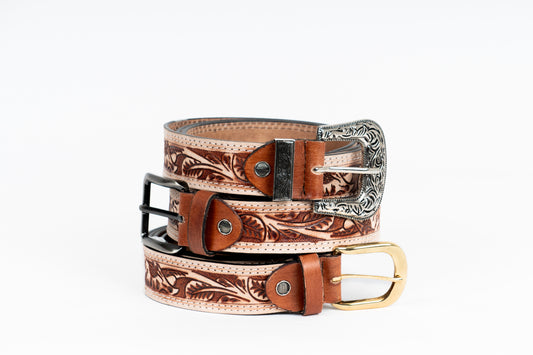 Engraved Floral Tooled Leather Belt – Cowboy Western Style