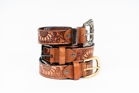 Western Sunflower Leather Belt – Hand-Tooled & Custom Made