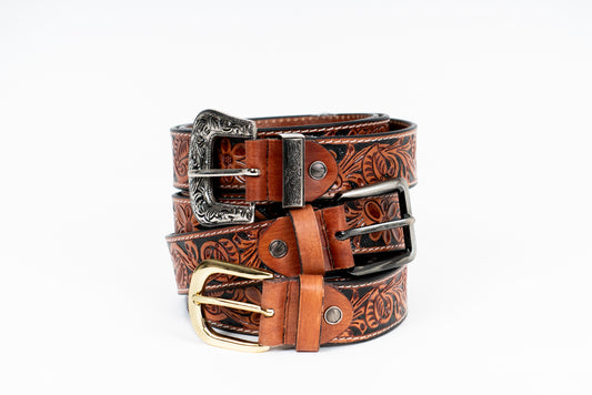 Floral Tooled Leather Belt – Genuine Cowhide.