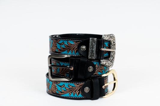 Turquoise Floral Tooled Leather Belt – Handmade & Custom Fit