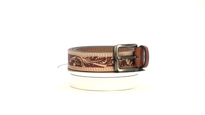 Engraved Floral Tooled Leather Belt – Cowboy Western Style